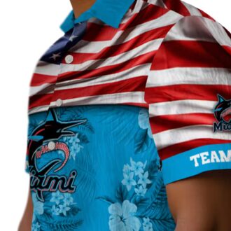 Miami Marlins Hawaiian Shirt with US Flag & Hibiscus Blue - Perfect for Beach & Games