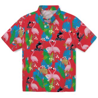 Miami Marlins MLB Hawaiian Shirt - Blue Green Foliage & Flamingo Vacation Look
