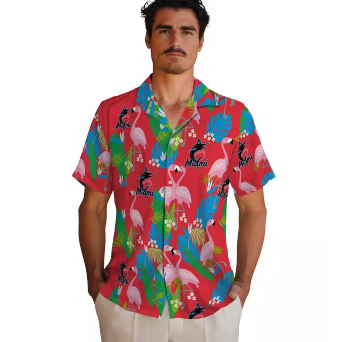 Miami Marlins MLB Hawaiian Shirt - Blue Green Foliage & Flamingo Vacation Look
