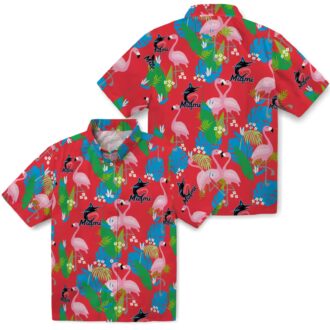 Miami Marlins MLB Hawaiian Shirt - Blue Green Foliage & Flamingo Vacation Look