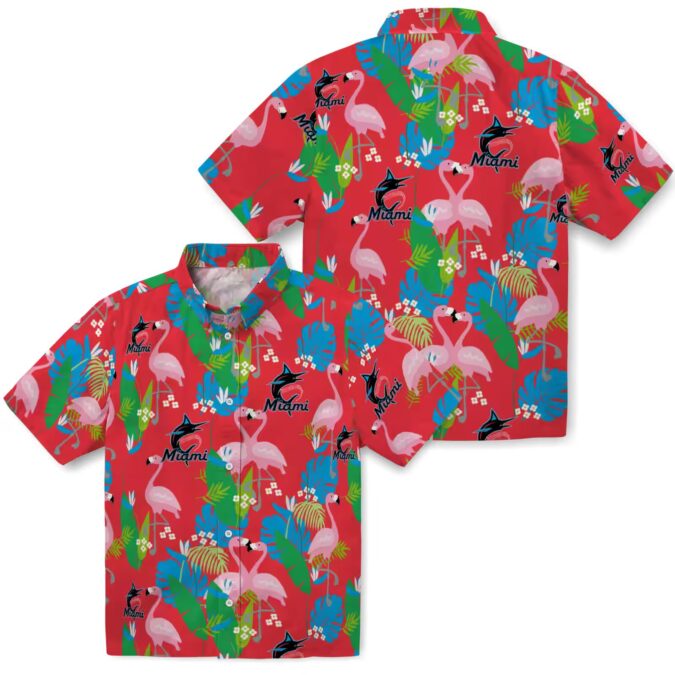 Miami Marlins MLB Hawaiian Shirt - Blue Green Foliage & Flamingo Vacation Look