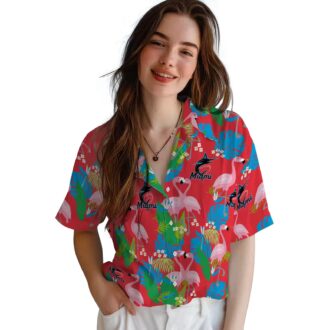 Miami Marlins MLB Hawaiian Shirt - Blue Green Foliage & Flamingo Vacation Look