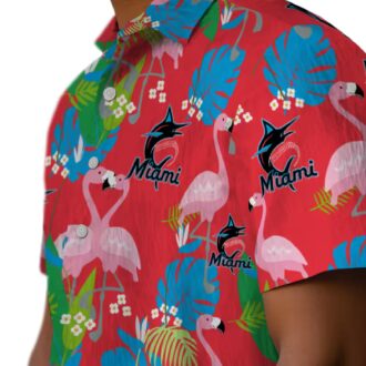 Miami Marlins MLB Hawaiian Shirt - Blue Green Foliage & Flamingo Vacation Look