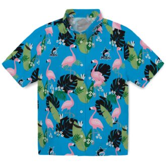 Miami Marlins Summer Aloha Shirt - Blue Flamingo Leaf Vacation Style