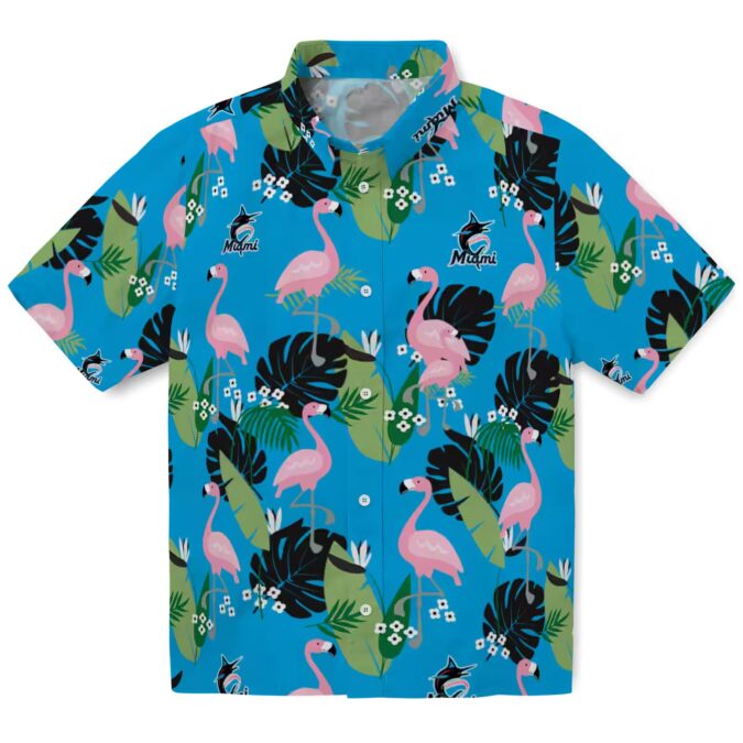 Miami Marlins Summer Aloha Shirt - Blue Flamingo Leaf Vacation Style