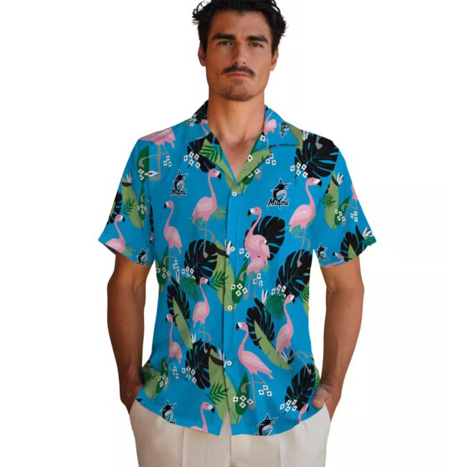Miami Marlins Summer Aloha Shirt - Blue Flamingo Leaf Vacation Style