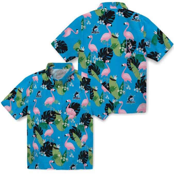 Miami Marlins Summer Aloha Shirt - Blue Flamingo Leaf Vacation Style
