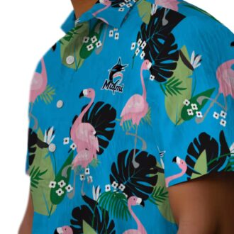 Miami Marlins Summer Aloha Shirt - Blue Flamingo Leaf Vacation Style