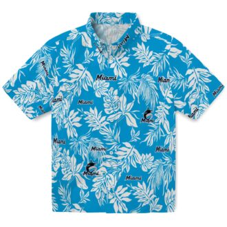 MLB Miami Marlins Leaf Print Aloha Shirt - Blue White Vacation Style