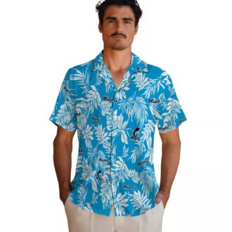 MLB Miami Marlins Leaf Print Aloha Shirt - Blue White Vacation Style
