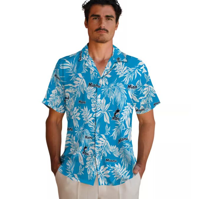 MLB Miami Marlins Leaf Print Aloha Shirt - Blue White Vacation Style