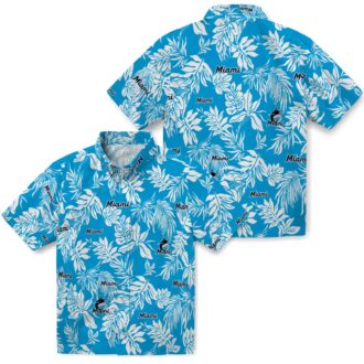 MLB Miami Marlins Leaf Print Aloha Shirt - Blue White Vacation Style