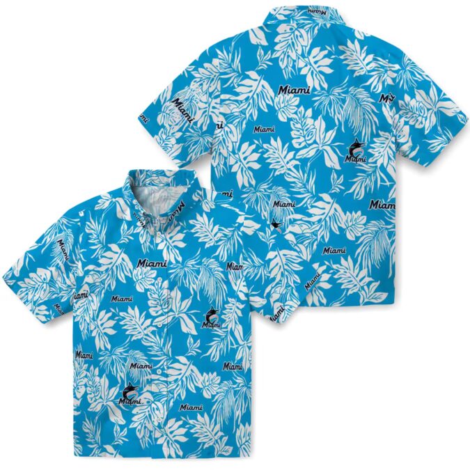 MLB Miami Marlins Leaf Print Aloha Shirt - Blue White Vacation Style