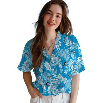 MLB Miami Marlins Leaf Print Aloha Shirt - Blue White Vacation Style