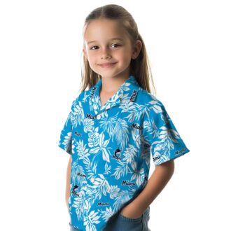 MLB Miami Marlins Leaf Print Aloha Shirt - Blue White Vacation Style