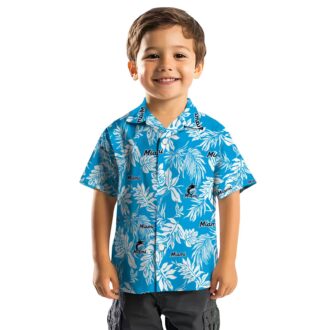 MLB Miami Marlins Leaf Print Aloha Shirt - Blue White Vacation Style