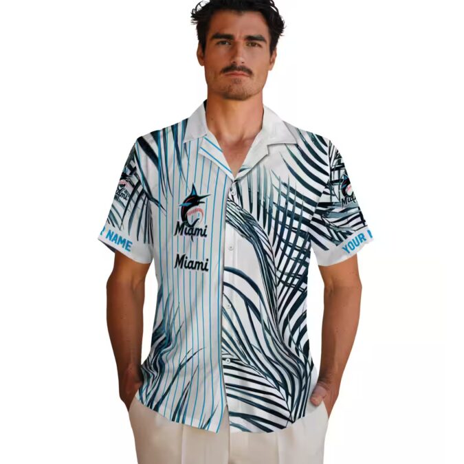 Official Miami Marlins MLB Hawaiian Shirt - Tropical Blue Black Stripes