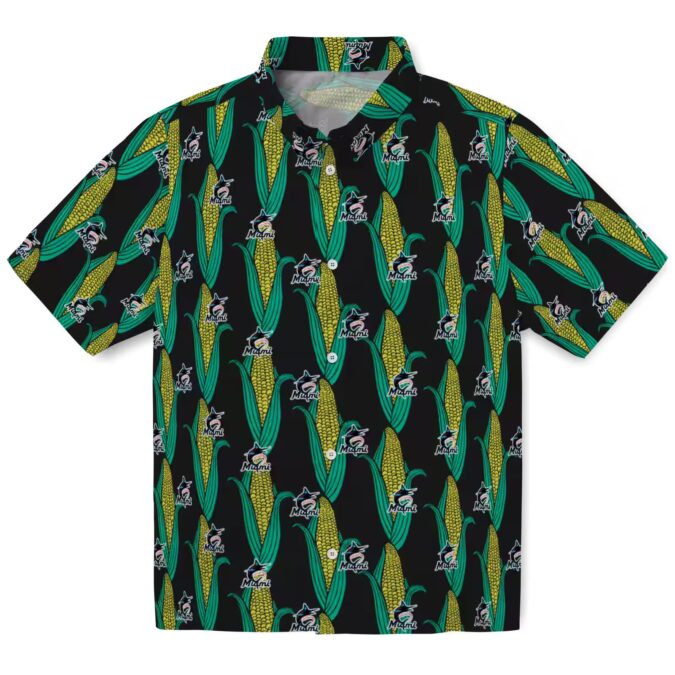 Official Miami Marlins Tropical Hawaiian Shirt - Black Green Corn Design