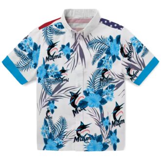 Patriotic Miami Marlins Hawaiian Shirt - Blue & White Hibiscus Floral Print for Summer
