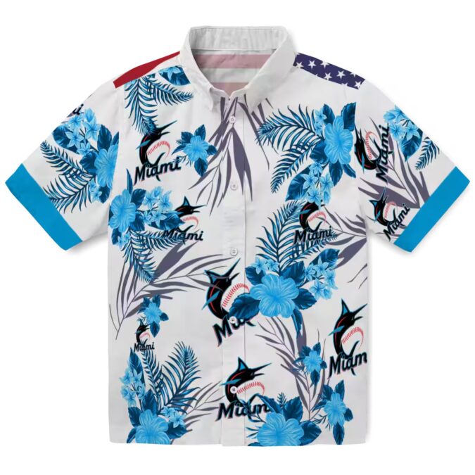 Patriotic Miami Marlins Hawaiian Shirt - Blue & White Hibiscus Floral Print for Summer