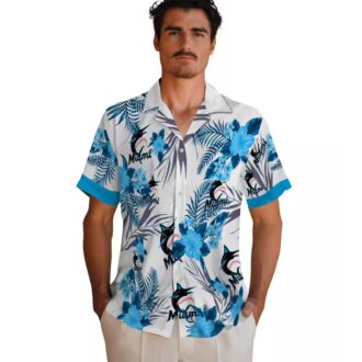 Patriotic Miami Marlins Hawaiian Shirt - Blue & White Hibiscus Floral Print for Summer