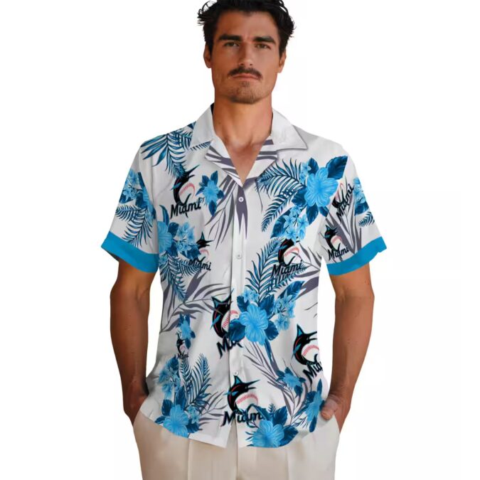 Patriotic Miami Marlins Hawaiian Shirt - Blue & White Hibiscus Floral Print for Summer