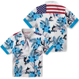Patriotic Miami Marlins Hawaiian Shirt - Blue & White Hibiscus Floral Print for Summer