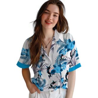 Patriotic Miami Marlins Hawaiian Shirt - Blue & White Hibiscus Floral Print for Summer