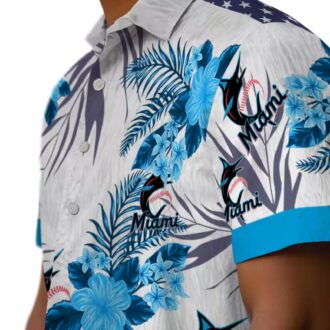 Patriotic Miami Marlins Hawaiian Shirt - Blue & White Hibiscus Floral Print for Summer
