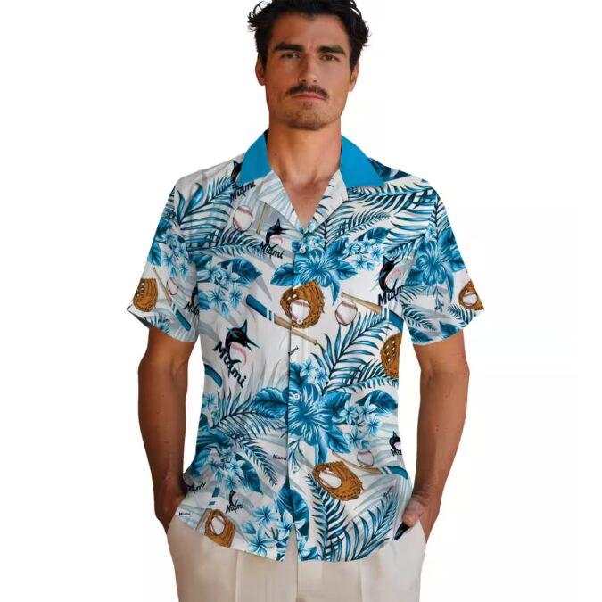 Personalized Miami Marlins Baseball Shirt - Blue Floral Button-Up for Beach