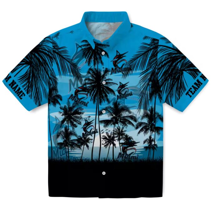 Unique Miami Marlins Tropical Hawaiian Shirt - Blue & Black Sunset Baseball Fan Gift