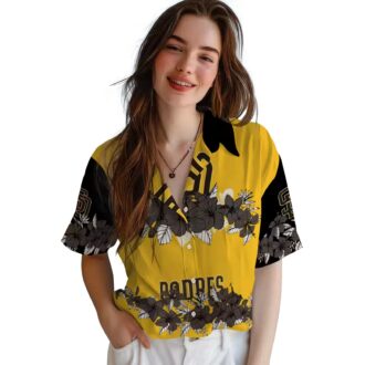 Exclusive San Diego Padres Tropical Hibiscus Stripe Hawaiian Shirt - Brown & Black Fan Apparel