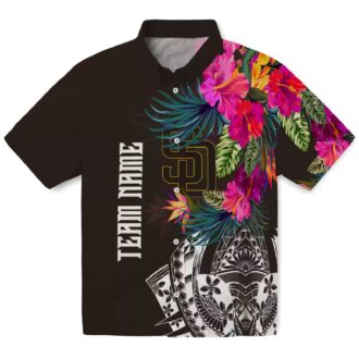 San Diego Padres Button Down Brown Hawaiian Shirt - Floral Polynesian Design for Baseball Fans