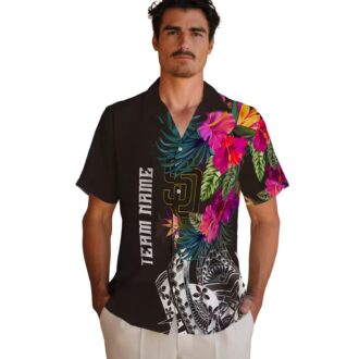 San Diego Padres Button Down Brown Hawaiian Shirt - Floral Polynesian Design for Baseball Fans