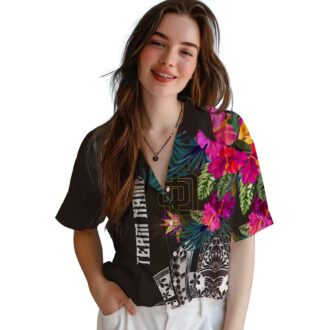 San Diego Padres Button Down Brown Hawaiian Shirt - Floral Polynesian Design for Baseball Fans