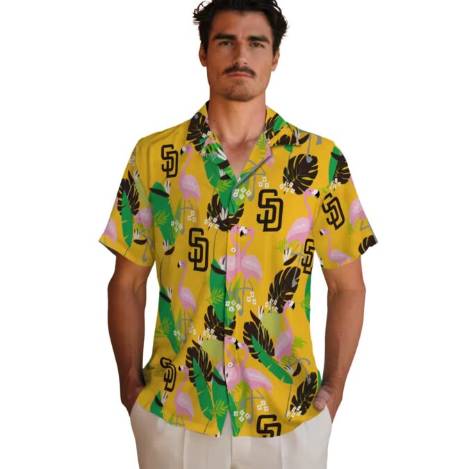 San Diego Padres Button Down Hawaiian Shirt - Green Brown Flamingo Aloha Style