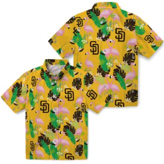 San Diego Padres Button Down Hawaiian Shirt - Green Brown Flamingo Aloha Style