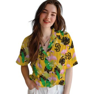 San Diego Padres Button Down Hawaiian Shirt - Green Brown Flamingo Aloha Style