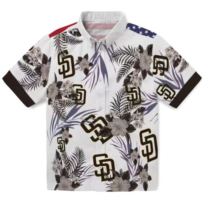 San Diego Padres Hawaiian Shirt - Patriotic Hibiscus Print in Brown & White for Padres Fans