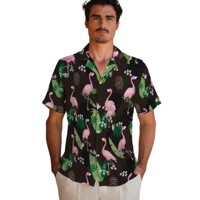 Tropical San Diego Padres Brown Hawaiian Shirt - Flamingo Leaf Design for Women
