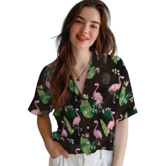 Tropical San Diego Padres Brown Hawaiian Shirt - Flamingo Leaf Design for Women