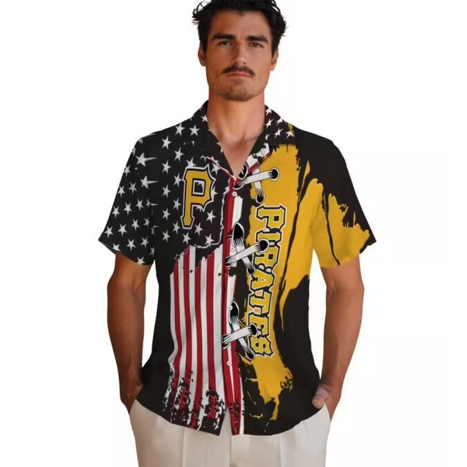 Black Pittsburgh Pirates Button Up Hawaiian Shirt - Tropical Stitched Flag Baseball Shirt for Men