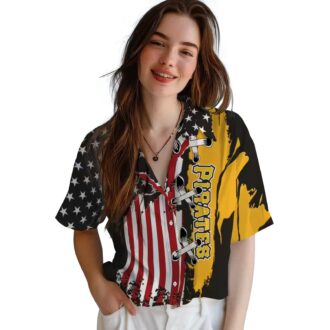 Black Pittsburgh Pirates Button Up Hawaiian Shirt - Tropical Stitched Flag Baseball Shirt for Men