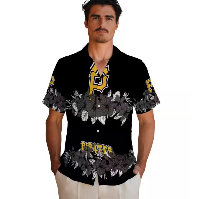 Men’s Pittsburgh Pirates Floral Hawaiian Shirt - Black Stripe Tropical MLB Wear