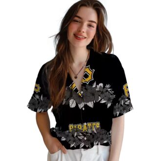 Men’s Pittsburgh Pirates Floral Hawaiian Shirt - Black Stripe Tropical MLB Wear