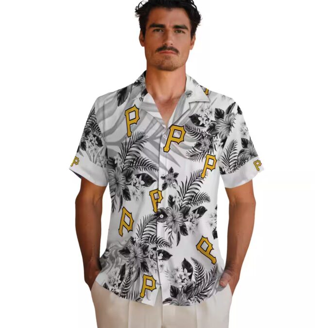 MLB Pittsburgh Pirates Aloha Hawaiian Shirt - Hibiscus Floral Black White Button-Up