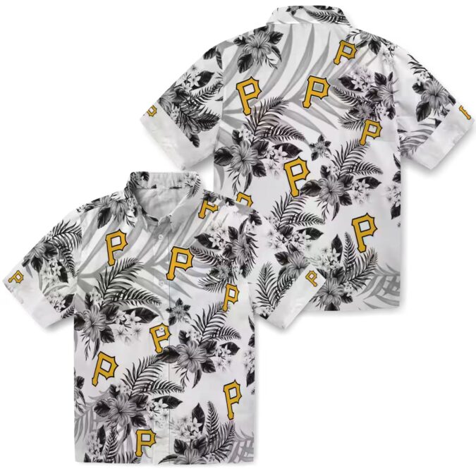 MLB Pittsburgh Pirates Aloha Hawaiian Shirt - Hibiscus Floral Black White Button-Up