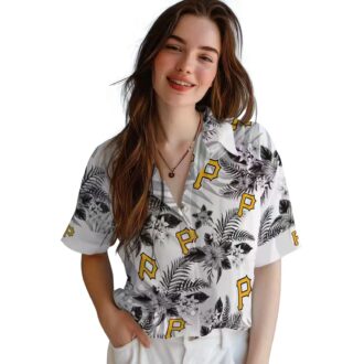 MLB Pittsburgh Pirates Aloha Hawaiian Shirt - Hibiscus Floral Black White Button-Up