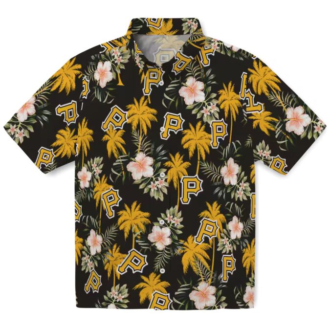 Pittsburgh Pirates Hawaiian Shirt Black with Palm Tree & Flower Design - MLB Summer Fashion