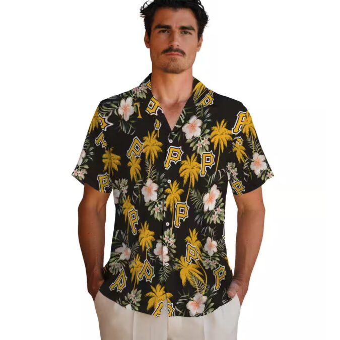 Pittsburgh Pirates Hawaiian Shirt Black with Palm Tree & Flower Design - MLB Summer Fashion